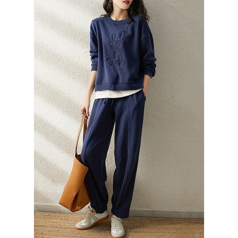Simple Blue O-Neck Patchwork Tops And Pants Cotton Two Pieces Set Fall