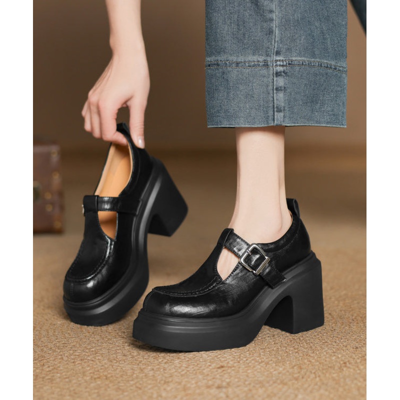 Simple Style Black Hollow Out Buckle Strap Splicing Chunky High Heels
