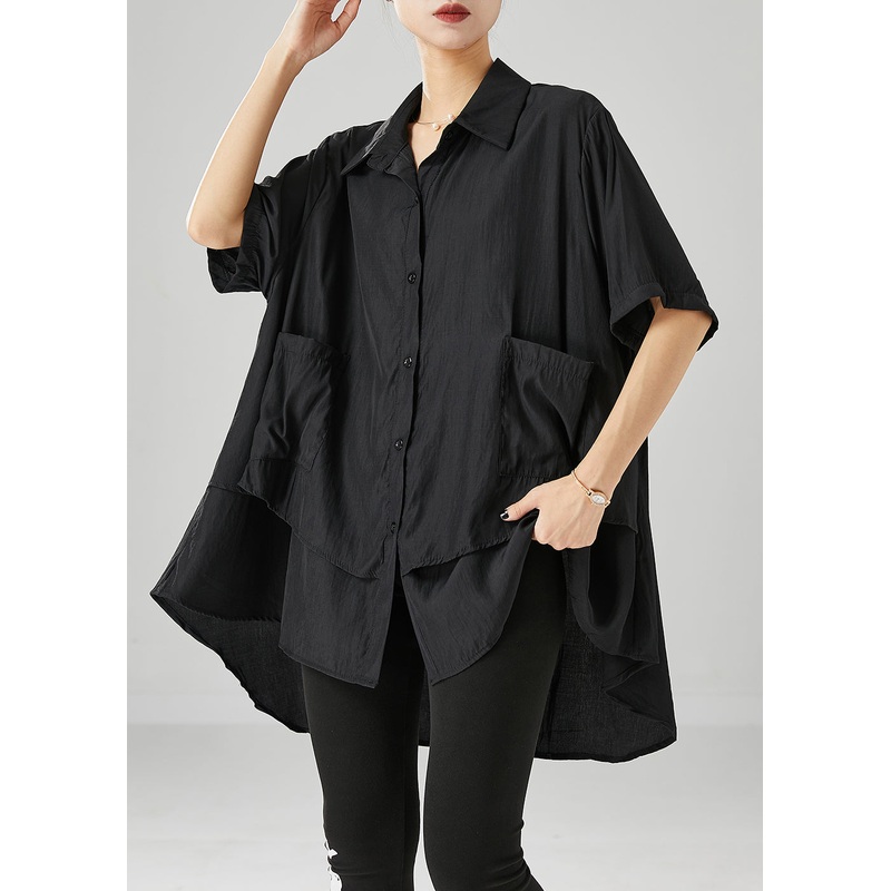 Style Black Oversized Patchwork Cotton Blouses Summer