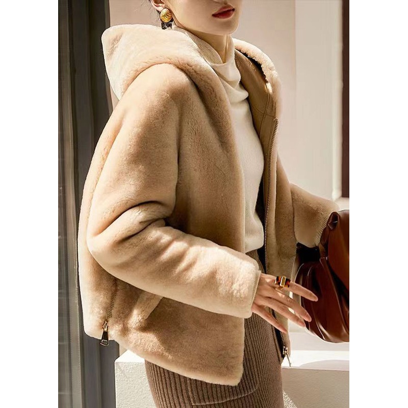 Style Camel Hooded Pockets Patchwork Wool Jacket Winter