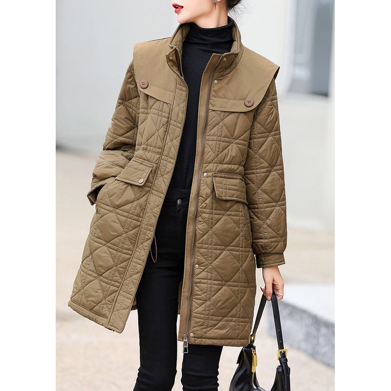 Style Coffee Stand Collar Pockets Patchwork Fine Cotton Filled Winter Coat