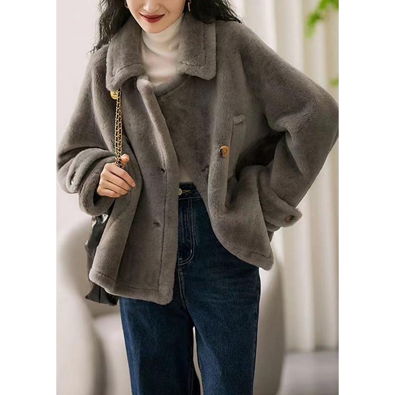 Stylish Grey Peter Pan Collar Pockets Patchwork Wool Coats Winter