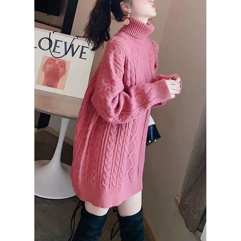 Stylish Rose Hign Neck Patchwork Thick Knit Sweater Dress Winter