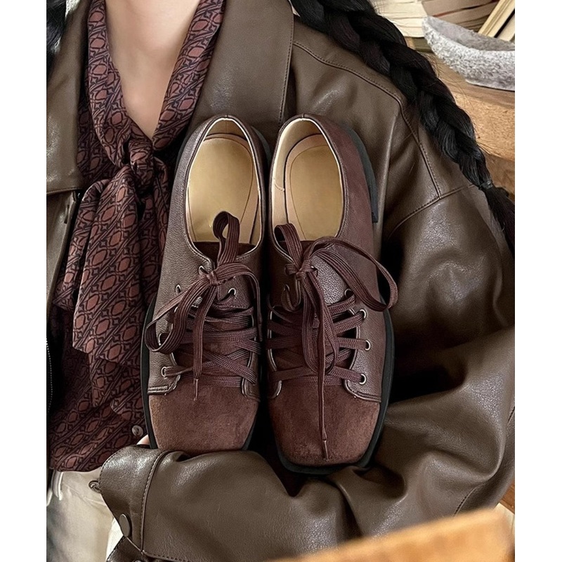 Unique Faux Leather Splicing Chunky Heel Brown Suede Lace Up