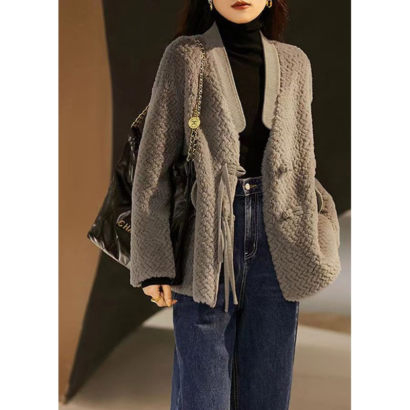 Vintage Grey V Neck Pockets Button Patchwork Wool Coat Winter