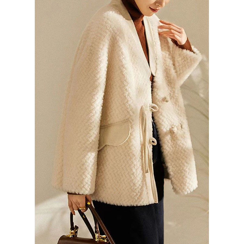 Women Beige Tasseled Chinese Button Patchwork Wool Coats Winter