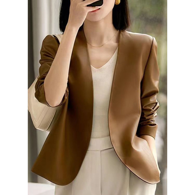 Women Brown V Neck Patchwork Sheepskin Coats Fall