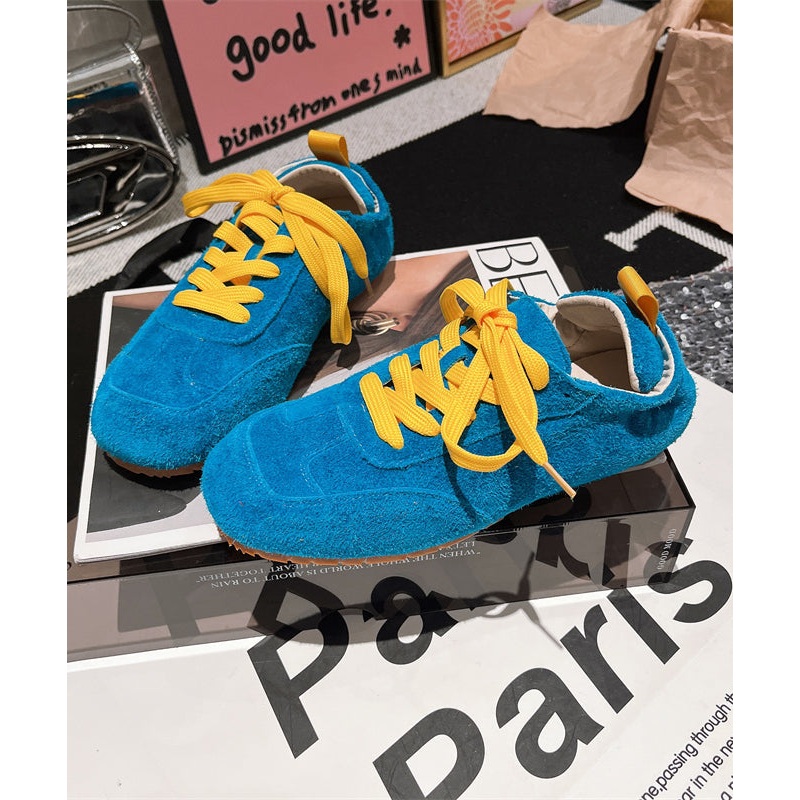 Women Casual Soft Comfy Blue Suede Flat Shoes Splicing Lace Up