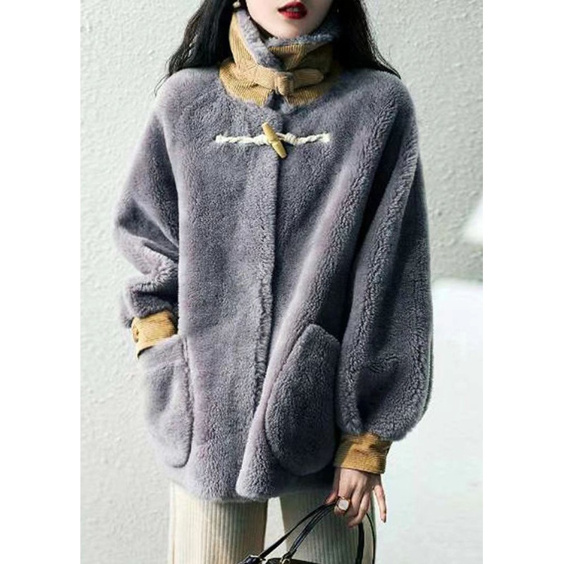 Women Grey Hign Neck Pockets Patchwork Wool Coats Winter