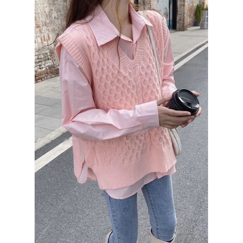 Women Pink Peter Pan Collar Shirts And Vest Knit Two Pieces Set Fall