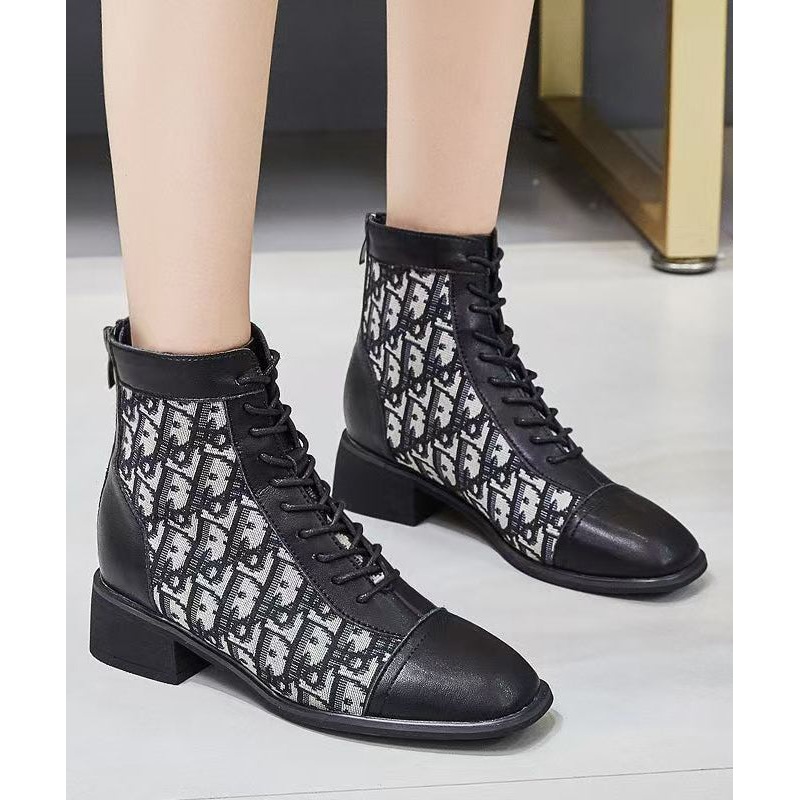 Women Splicing Chunky Boots Black Faux Leather Lace Up