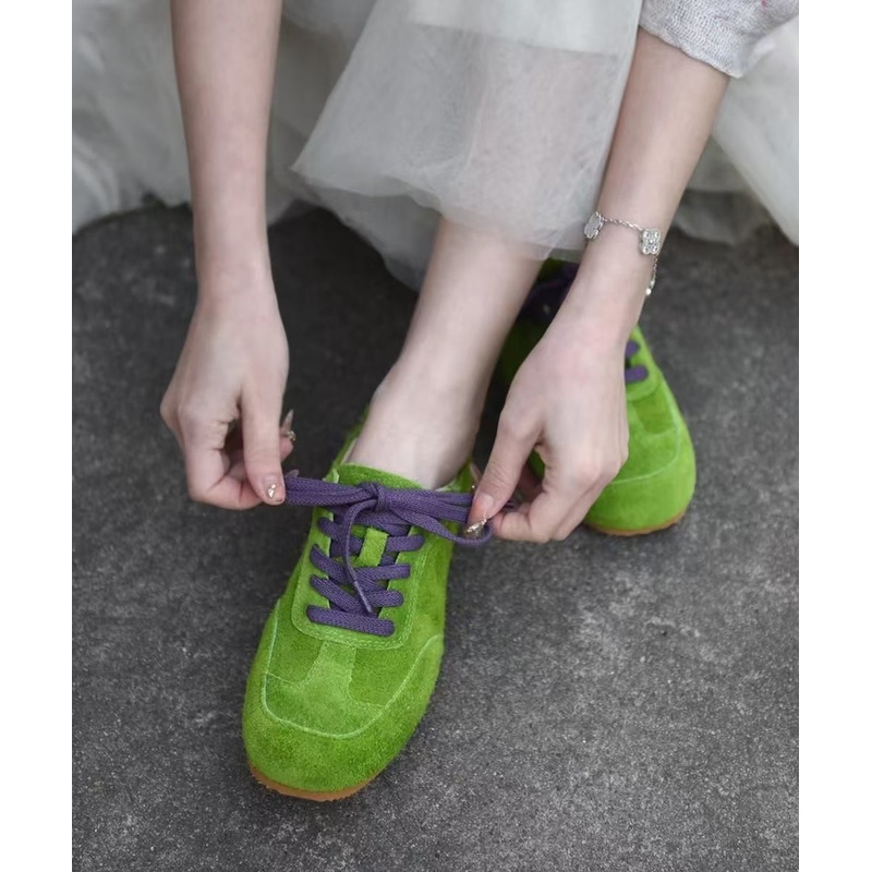 Women Splicing Flat Feet Shoes Green Suede Lace Up