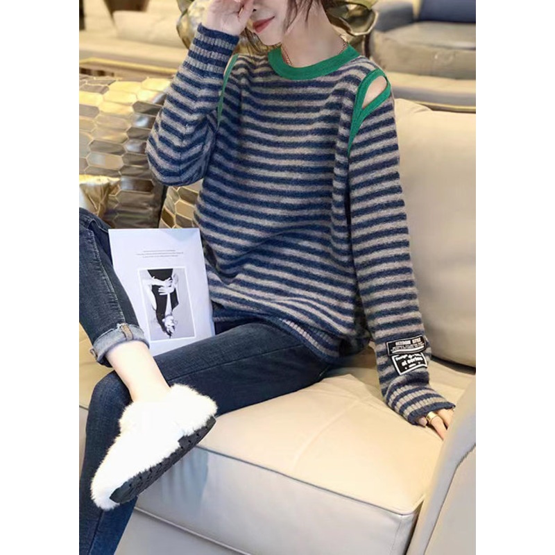 Women Striped O Neck Hollow Out Patchwork Knit Sweaters Top Fall