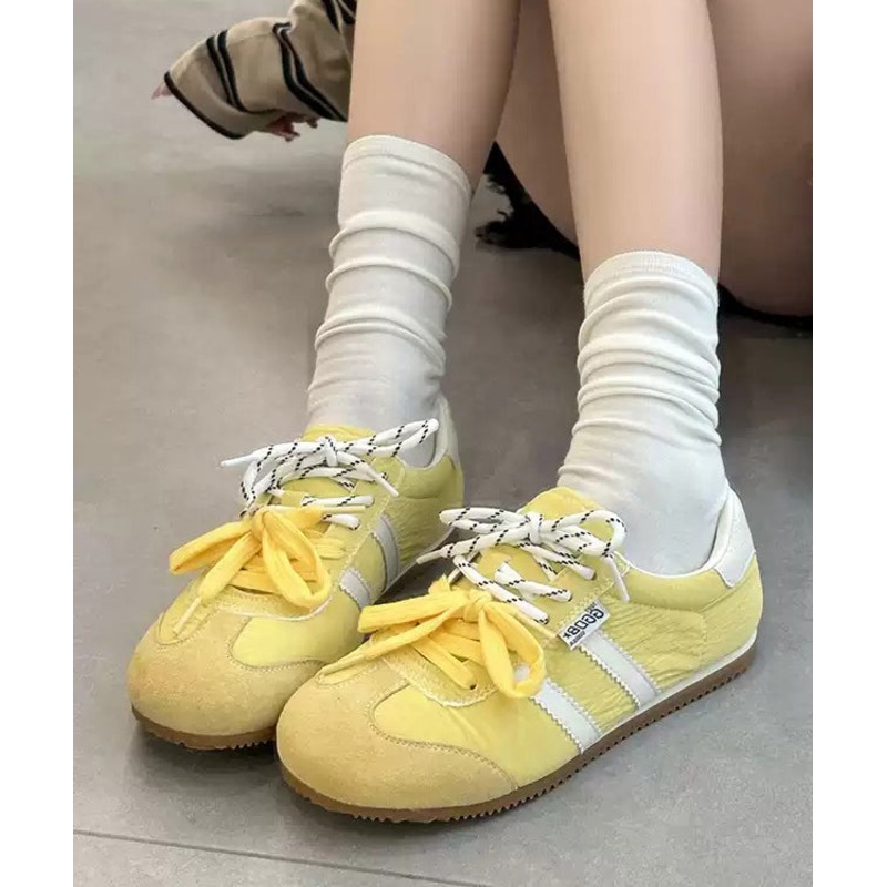 Yellow Flat Feet Shoes Suede Fashion Splicing Lace Up