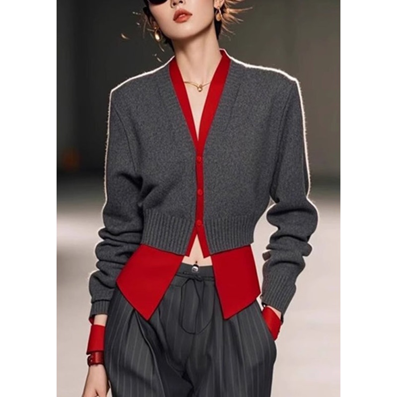 Art Grey V Neck Patchwork False Knit Two Pieces Sweater Spring
