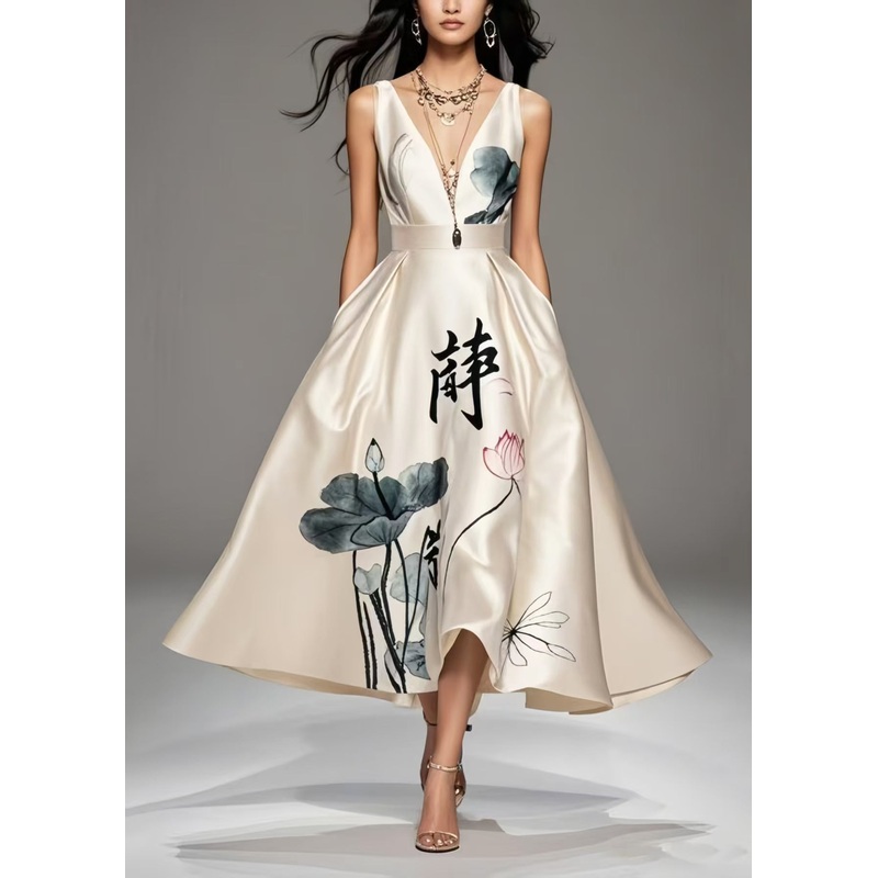Art Milk White Print Exra Large Hem Silk Cami Dresses Summer