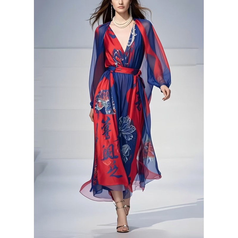 Art Navy Cinched Print Chiffon Party Dress Spring