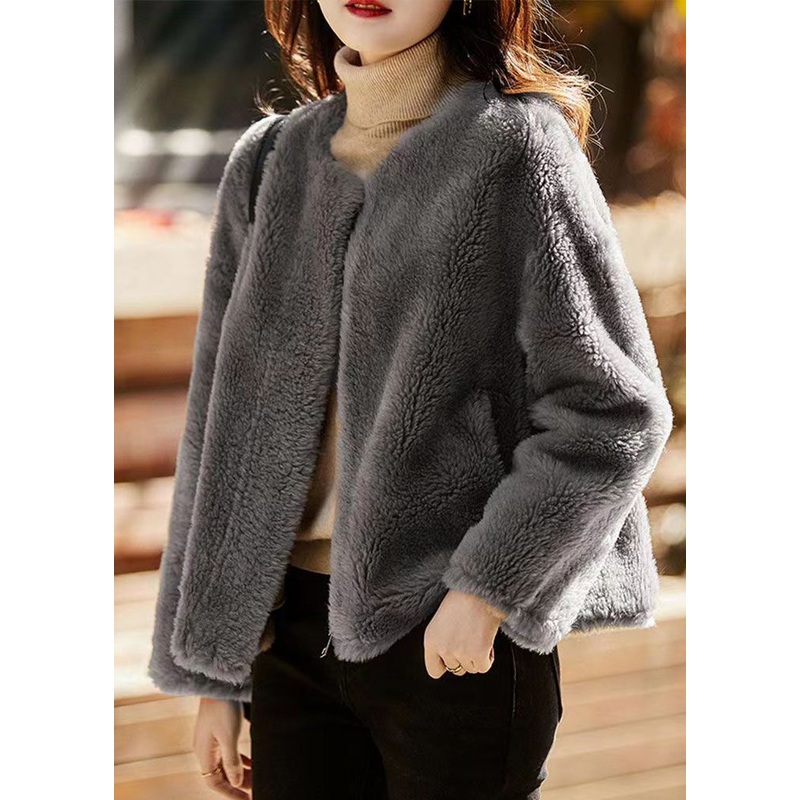 Beautiful Grey O Neck Pockets Patchwork Wool Jackets Winter