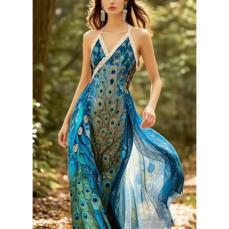 Beautiful Peacock Blue Print Chiffon Halter Dresses Summer