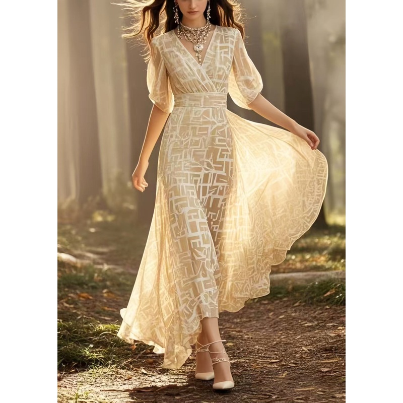 Beautiful Yellow Print Exra Large Hem Chiffon Maxi Dresses Summer