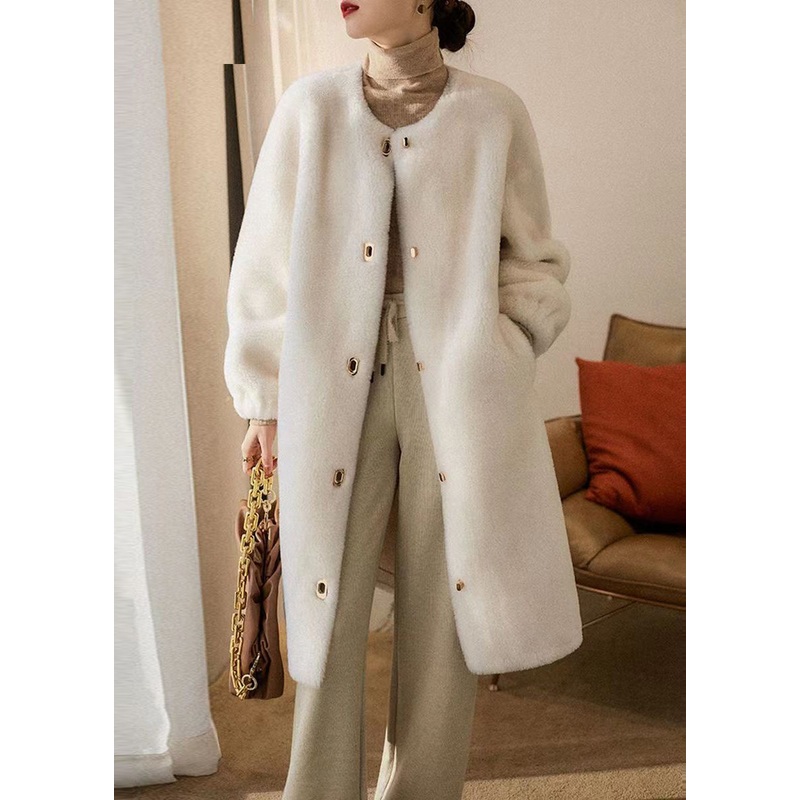 Beige Pockets Patchwork Wool Outwear O Neck Button Winter