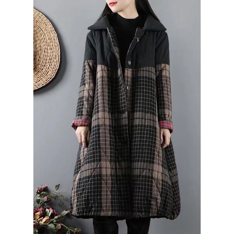 Blackish Green Pockets Plaid Patchwork Fine Cotton Filled Coats Winter