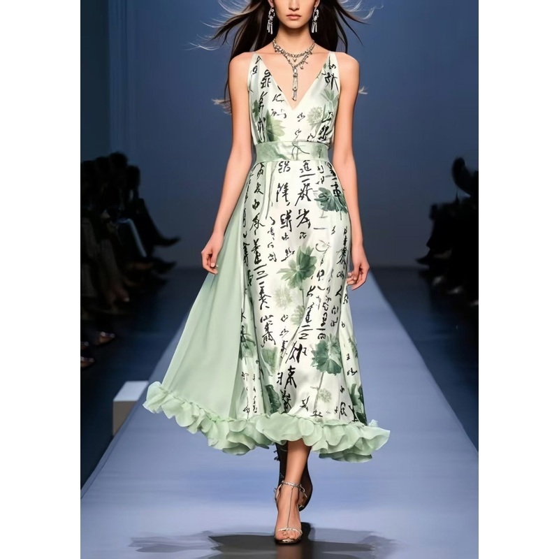 Bohemian Light Green Print Exra Large Hem Silk Cami Dresses Sleeveless