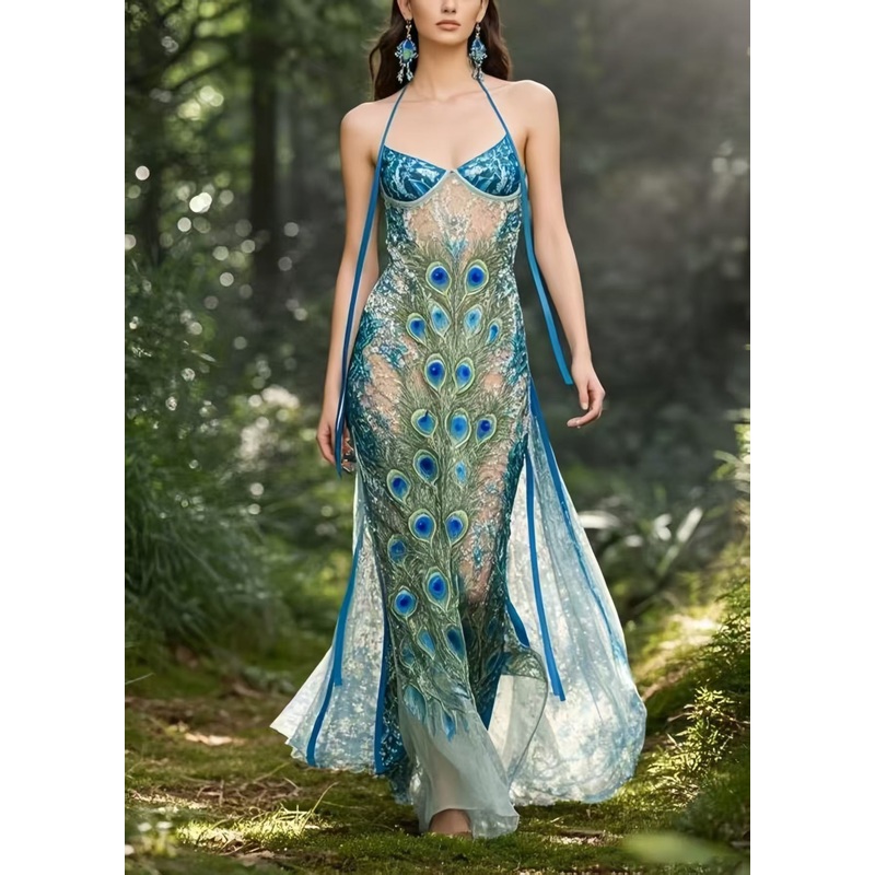 Bohemian Peacock Blue Print Hollow Out Chiffon Holiday Sundress