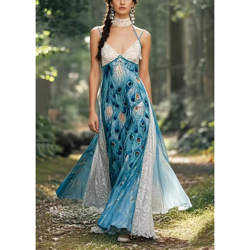 Bohemian Peacock Blue Print Patchwork Exra Large Hem Chiffon Sundress Summer