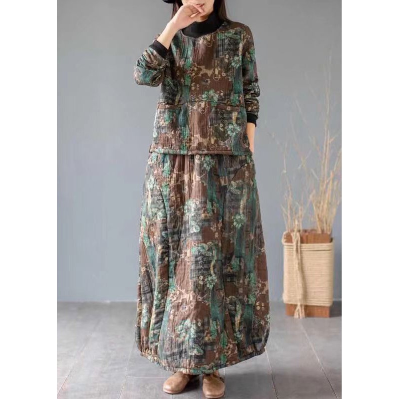 Boho Green Print Pockets Tops And Skirts Cotton Two Piece Set Fall