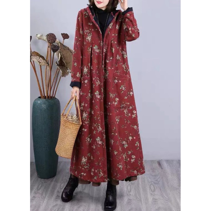 Boho Red Print Pockets Patchwork Warm Fleece Hooded Coat Winter