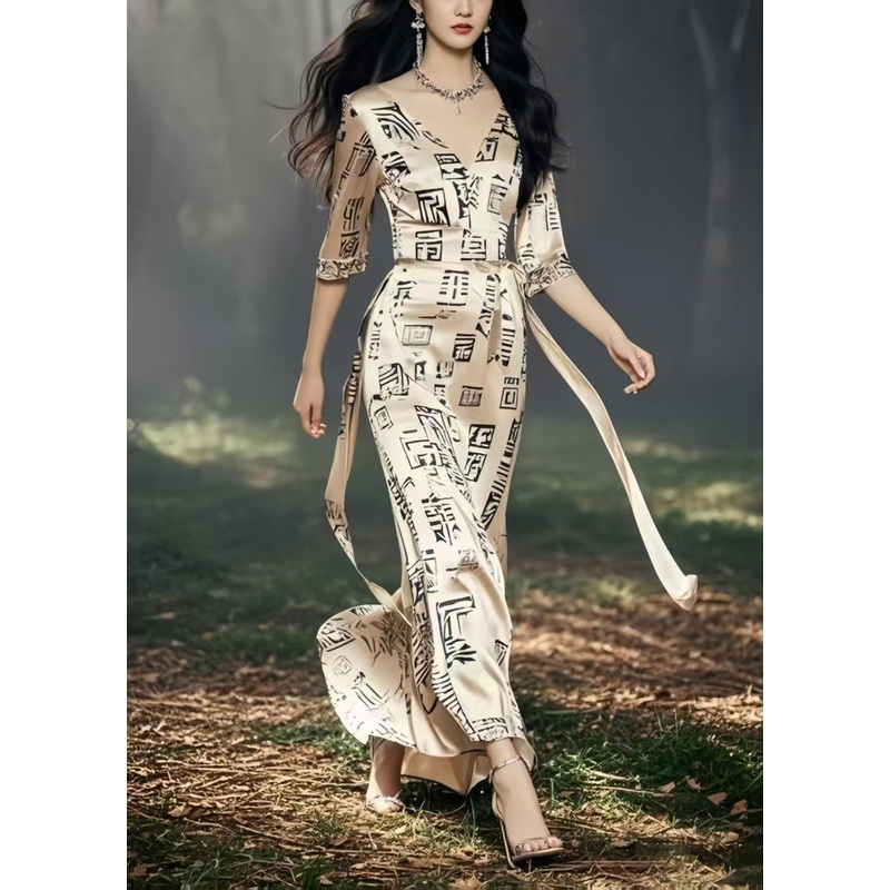 Boutique Khaki Tie Waist Print Silk Long Dresses Half Sleeve