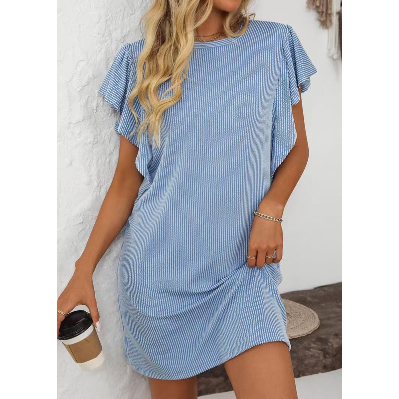 Casual Blue O Neck Striped Cotton Mid Dress Summer