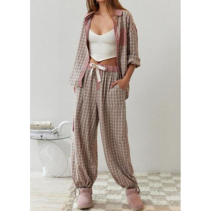 Casual Coffee Plaid Patchwork Cotton Pajamas Two Piece Suit Set Spring