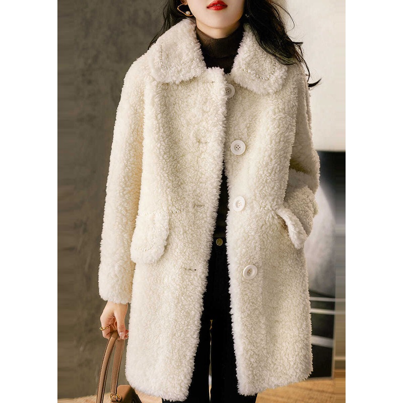 Chic Beige Peter Pan Collar Pockets Patchwork Wool Coats Winter