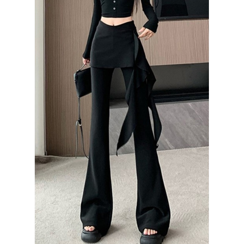 Chic Black Asymmetrical Ruffled Spandex Flare Bottoms Spring