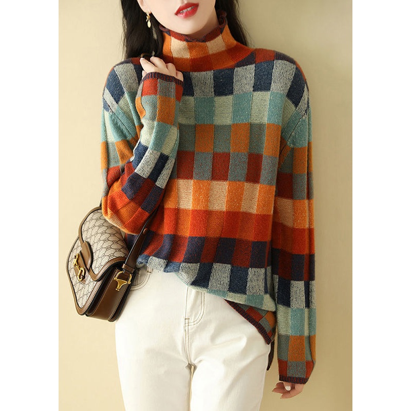 Chic Plaid Turtleneck Cozy Knit Sweaters Spring