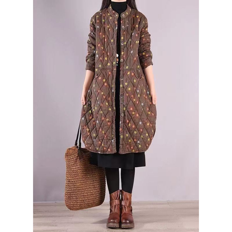 Coffee Print Pockets Patchwork Fine Cotton Filled Coats Stand Collar Winter