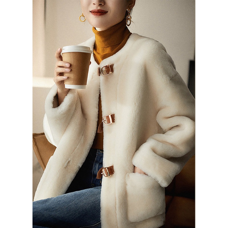 Elegant Beige O Neck Pockets Button Patchwork Wool Coats Winter