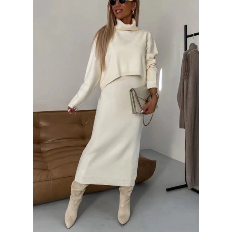 Elegant Beige Turtleneck Sweaters And Skirts Knit Two Piece Set Spring