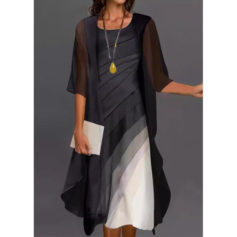 Elegant Black O-Neck Cardigans And Dress Two Pieces Set Half Sleeve