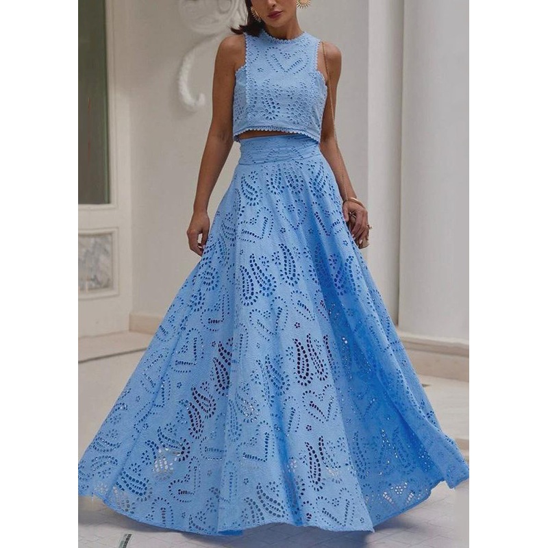 French Blue Hollow Out Tops And Skirts Cotton Two Piece Set Sleeveless