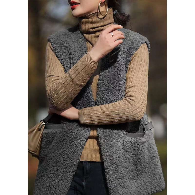 French Grey V Neck Pockets Patchwork Wool Vest Sleeveless