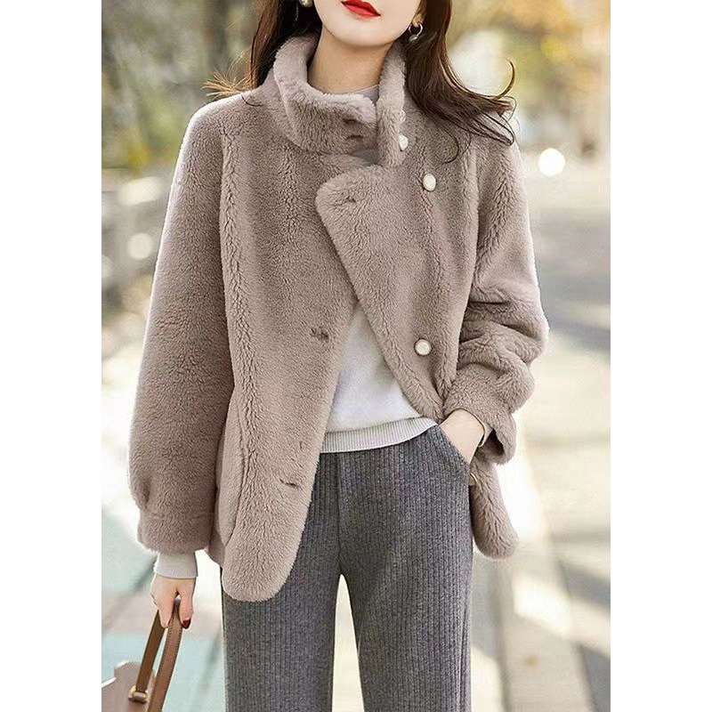Grey Pockets Patchwork Woolen Jacket Stand Collar Button Winter