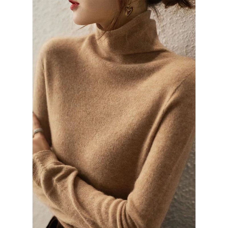 Italian Camel Hign Neck Wool Knitted Sweaters Tops Fall