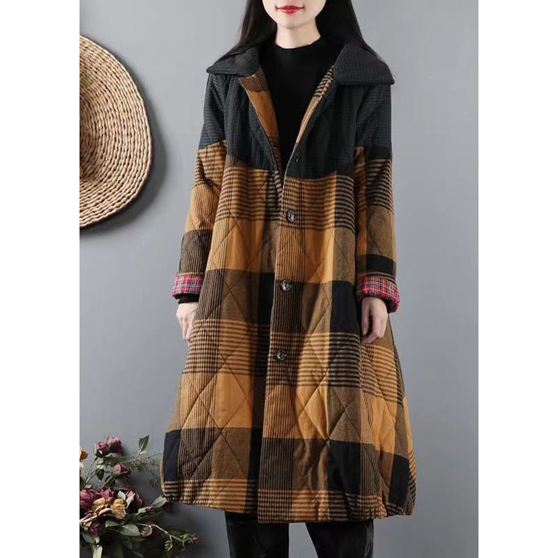 Italian Yellow Pockets Plaid Patchwork Fine Cotton Filled Coats Winter