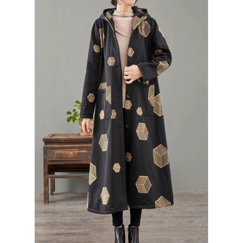 Loose Black Print Patchwork Warm Fleece Hooded Coat Winter