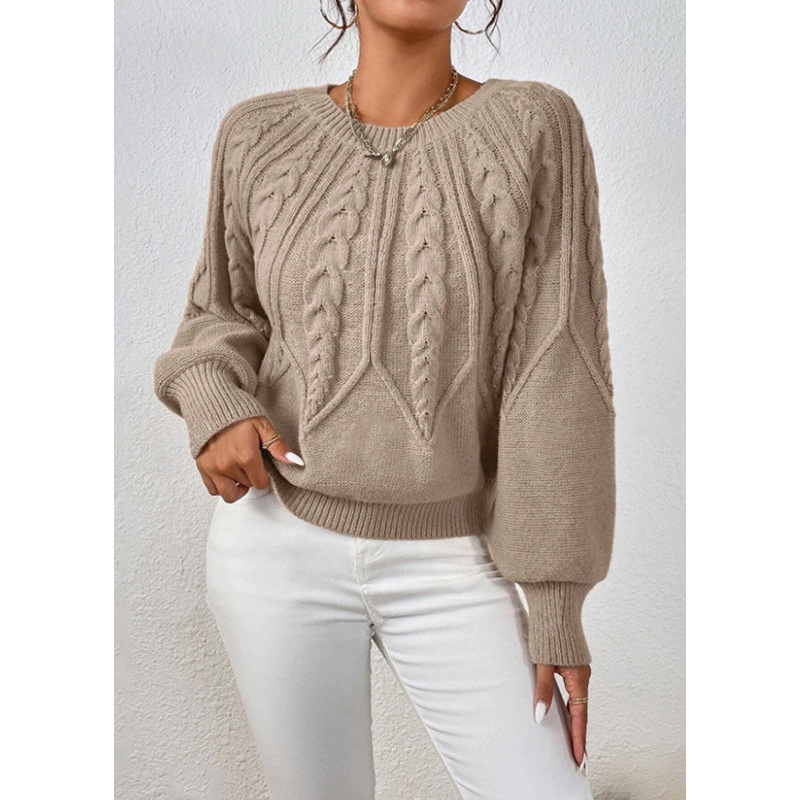 Loose Khaki O-Neck Solid Cable Knit Sweater Spring