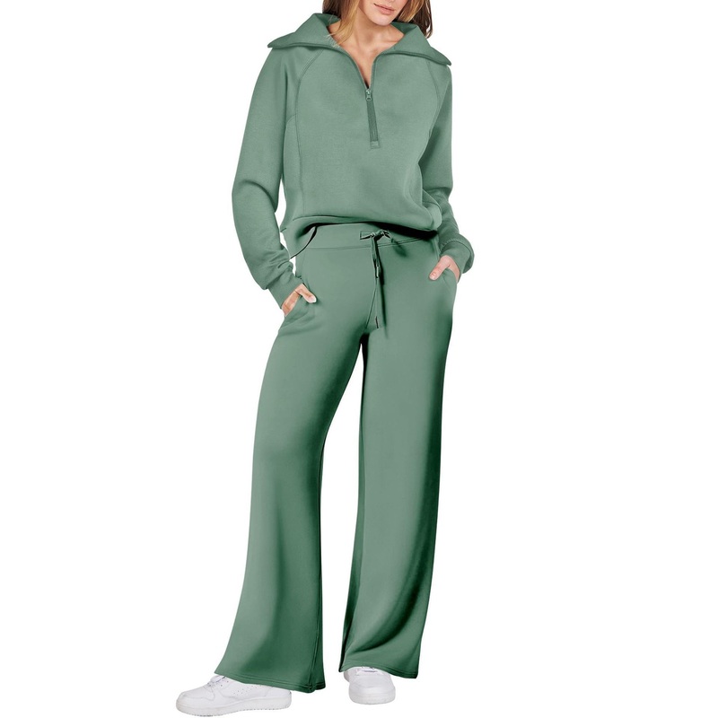 Loose Light Green Zip Up Solid Tops And Wide Leg Pants Cotton Two Pieces Set Spring