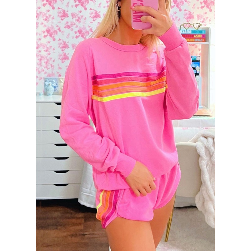 Loose Pink Striped T Shirt And Shorts Cotton Two Pieces Set Spring